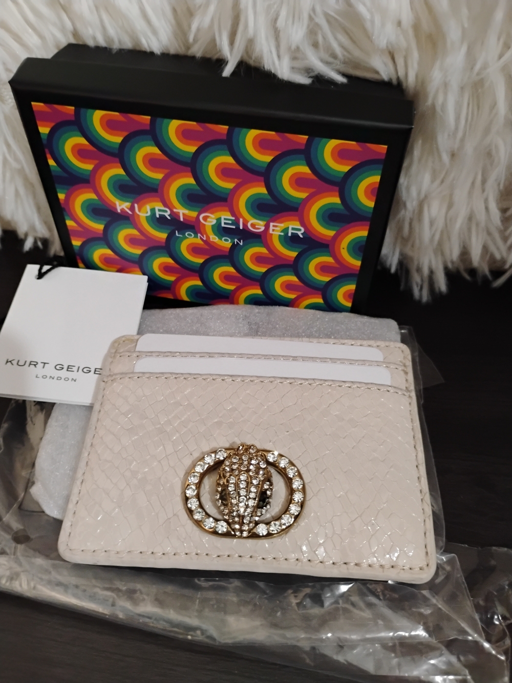 Kurt Geiger Cream Crystal-Embellished Card Holder NWT